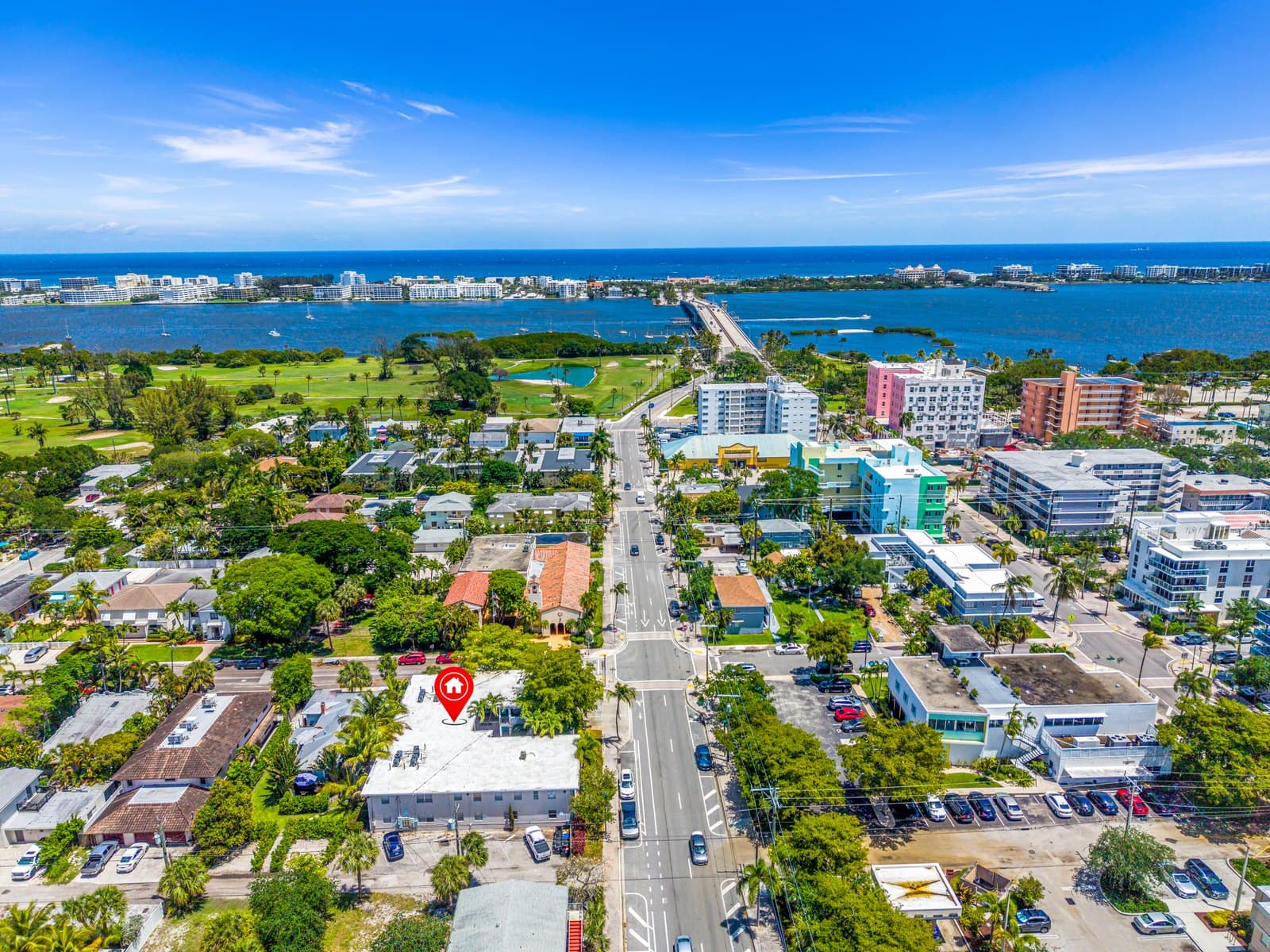 Aerial photograph supplied by Fausto Commercial with a marker identifying 202 Lucerne Avenue in Lake Worth Beach
